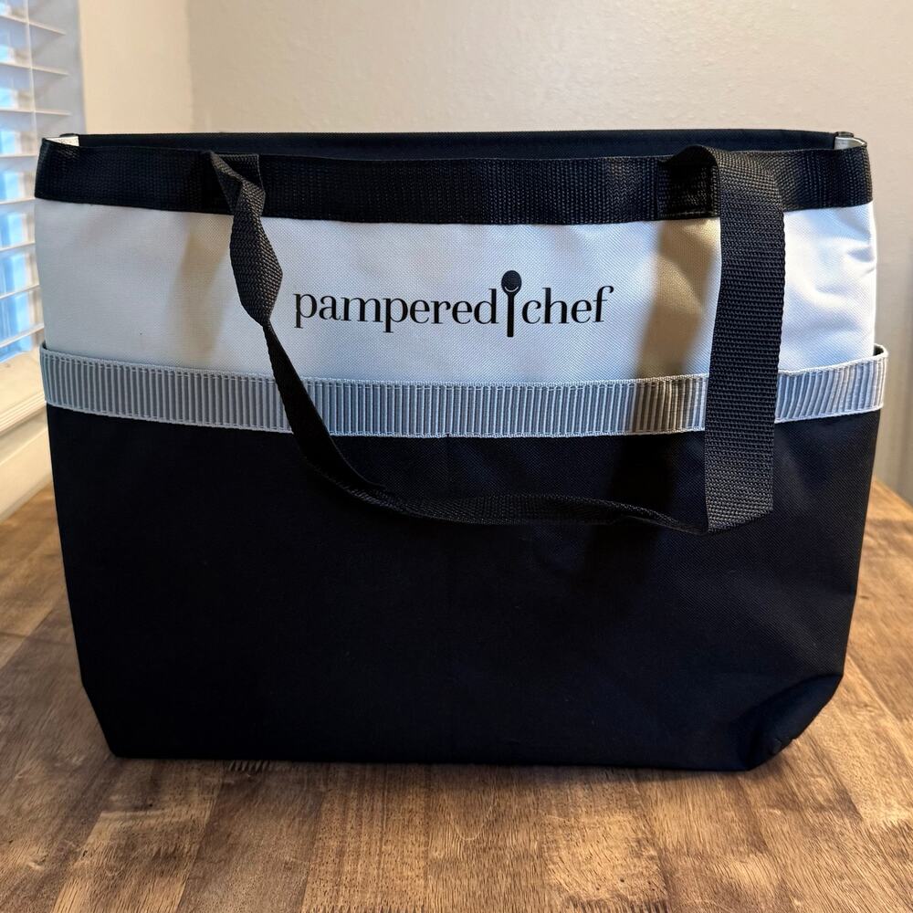 Pampered Chef Consultant Tote Bag XL Handles Pockets Canvas Expandable Black - Picture 5 of 9